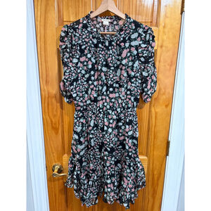 Shoshanna Black Floral Silk Dress Size 6 Puff Sleeve Smocked Waist Romantic